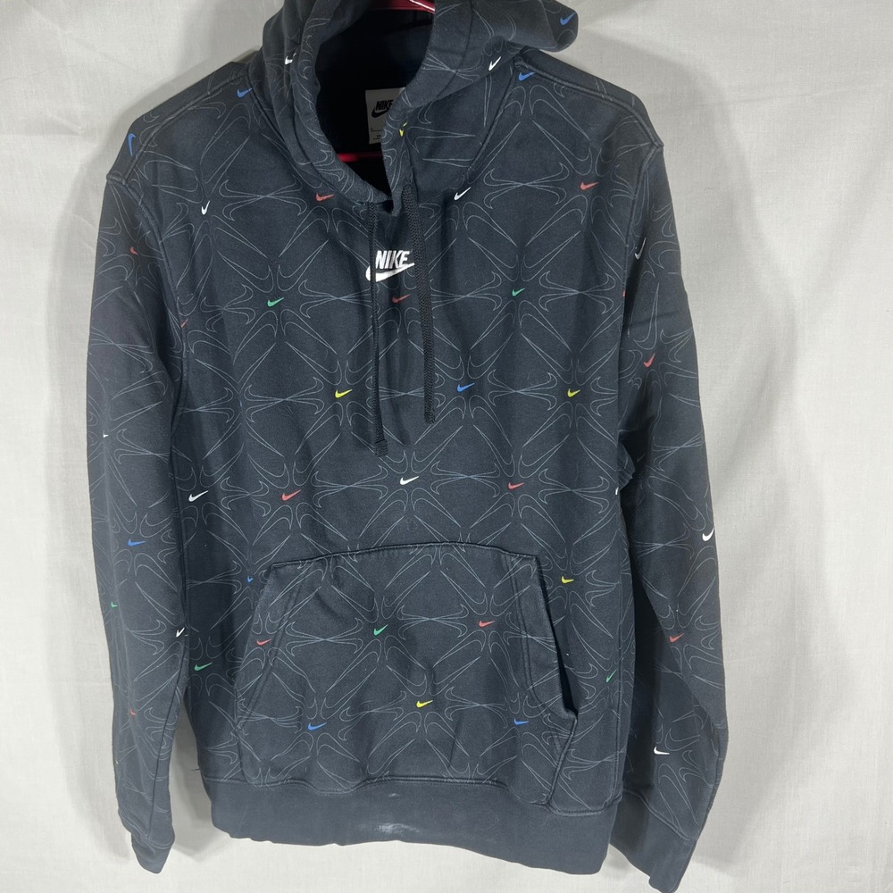 Nike Hoodie All Over Print Multi Color Swoosh Black Mens M